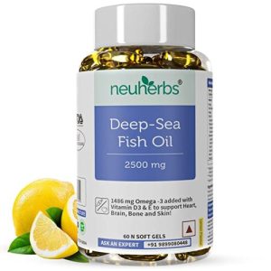 Neuherbs Deep Sea Omega 3 Fish Oil - Omega 3 Supplement Triple Strength 2500 Mg, Vitamin D - Fish Oil softgels With No Fishy Burps with Lemon Flavour- 60 Softgel for Men and Women