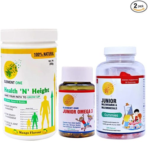 Health N Height Multivitamin Gummies with Junior Omega 3 Ayurvedic Herbal Nutrition Vitamin Minerals Protein Supplement for Growing Kids Pre & Probiotics For Growth Immunity Brain and Eye (MANGO-OMG-VITAMIN) 1