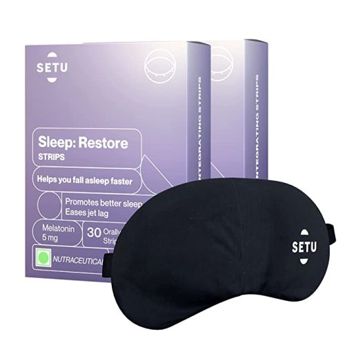 Setu Melatonin 5mg, Promotes Relaxation & Sleep, Eases Jet Lag Strain, Non Habit Forming, Tasty Mint Flavour – 30 Orally Dissolving Strips (Pack of 2) + Eye Mask 1