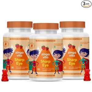 Zingavita Sharp Eye Omega Gummies for Kids - 90 Count | With Essential multivitamins like Lutein, Zeaxanthin & DHA for Eye Health | Natural Strawberry Mix Flavour Gummy Bears | Daily 2